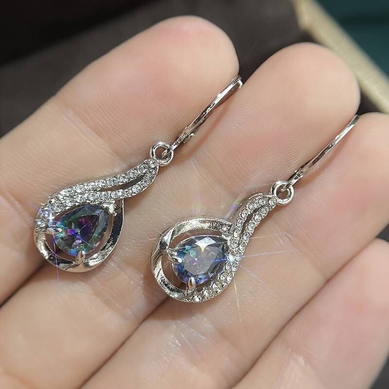 925 Water Drop Shape Hook Earrings Inlaid Water Drop Shape Synthetic Gems 35 UK