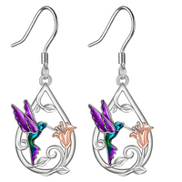 Silver Tone Hummingbird Flower Drop Earrings Vibrant Enamel Dangle Jewellery B10