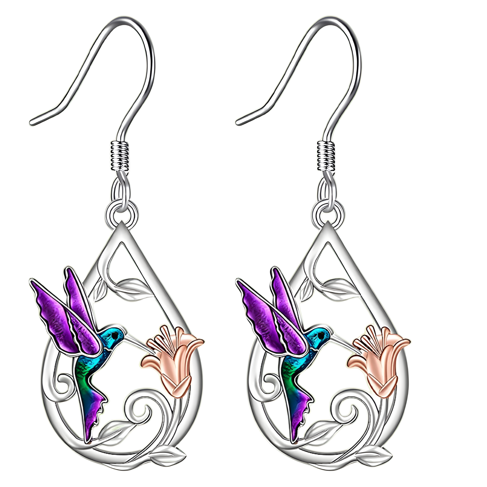 Silver Tone Hummingbird Flower Drop Earrings Vibrant Enamel Dangle Jewellery B10