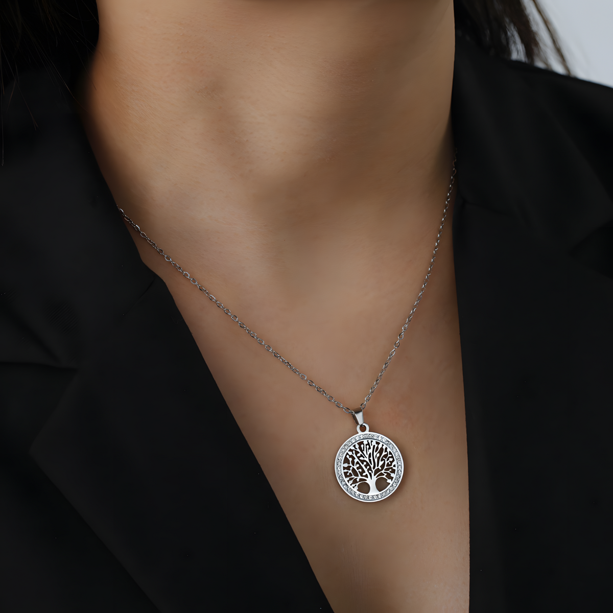 Stainless Steel Tree of Life Pendant Necklace Silver Round Cut Out Tree 1088