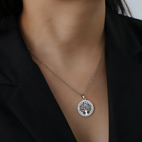 Stainless Steel Tree of Life Pendant Necklace Silver Round Cut Out Tree 1088