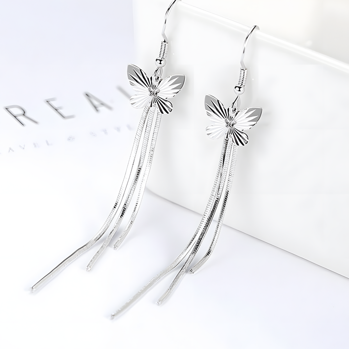 925 Silver-Plated Butterfly Tassel Drop Earrings Women – Long Silver Chains 1051