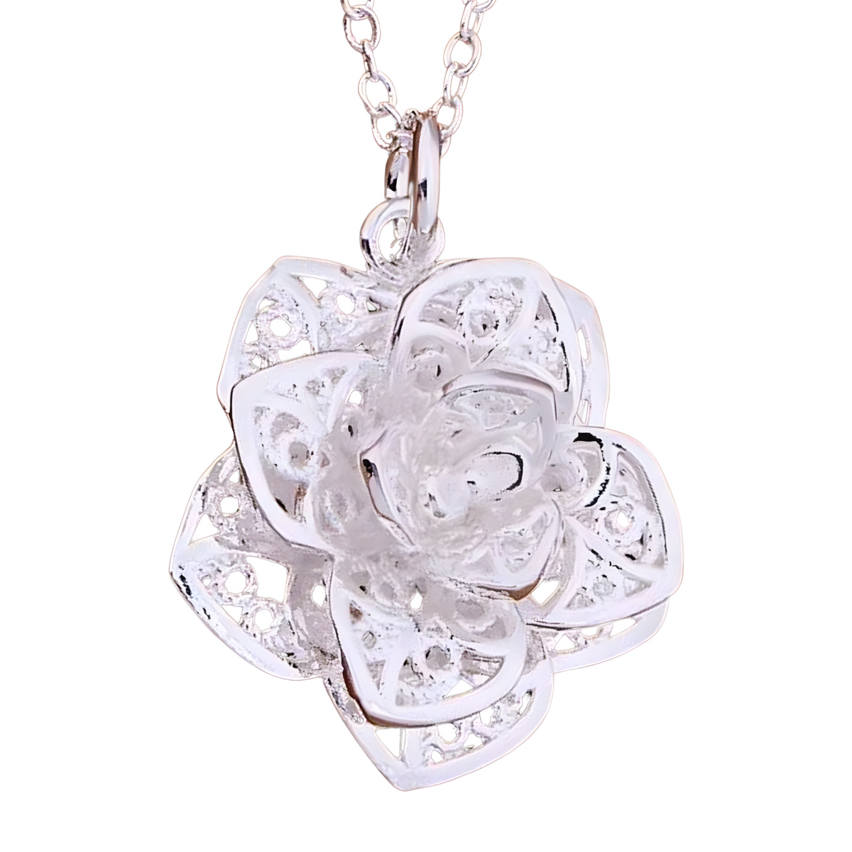 925 Sterling Silver Delicate Rose Flower Pendant Necklace Elegant Openwork 451