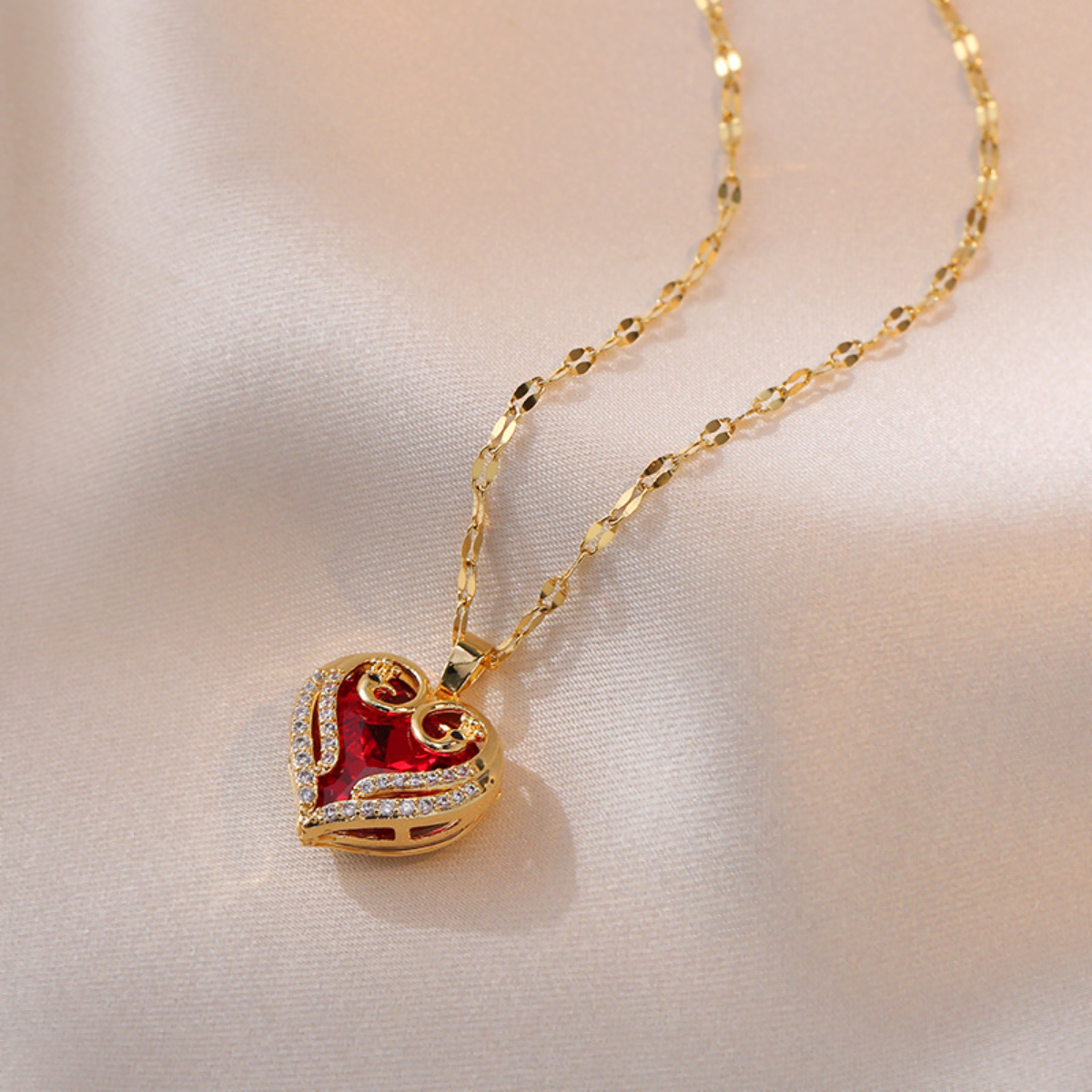 Womens Red Crystal Heart Pendant Necklace 18K Gold Inlaid Cubic Zirconia 1312