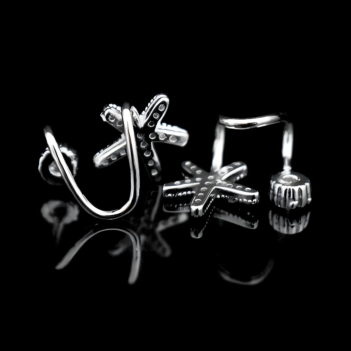 925 Sterling Silver Starfish & CZ Spiral Cuff Earrings - Unique Ear Climber 354