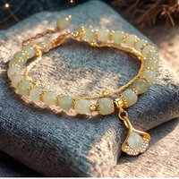Apricot Green Beaded Bracelet, Gold Colour Double Layer Rope Chain, Leaf 1797