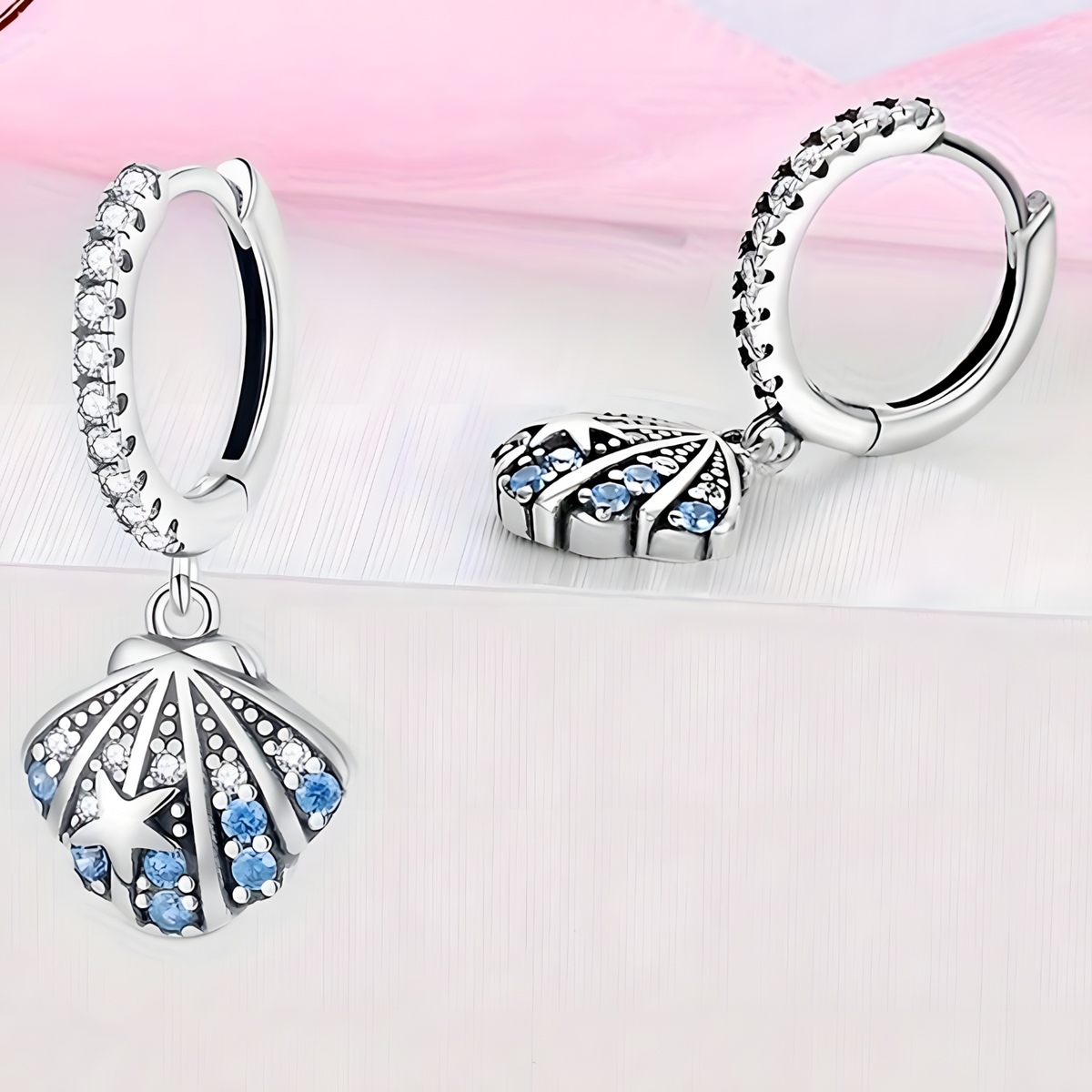 S925 Sterling Silver Blue Sea Shell Earrings for Women Real Zircon Starfish 828