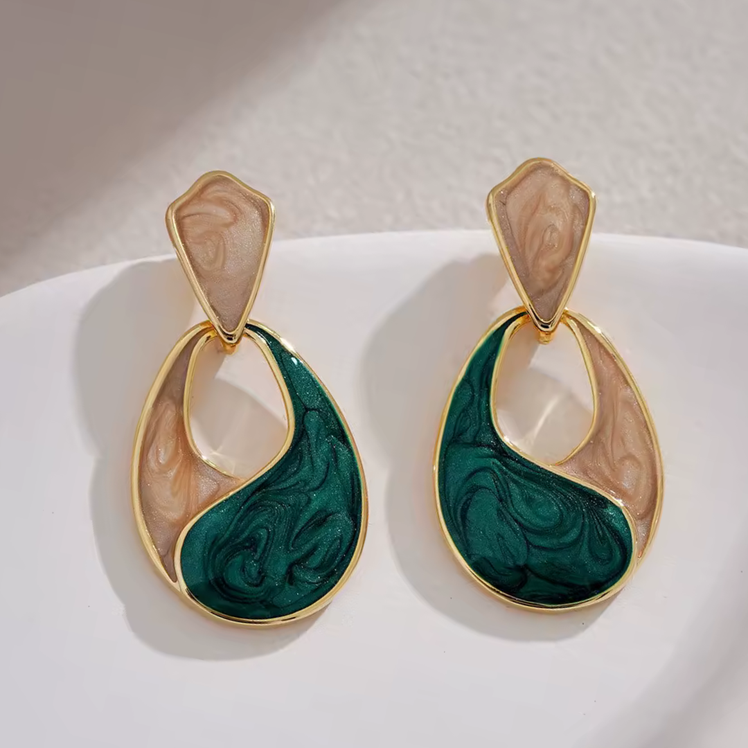 Waterdrop Statement Drop Earrings — Elegant Enamel Swirl Design, Gold Tone 1384