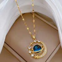 Gold-Plated Starry Planet Moon Pendant Necklace, Stainless Steel Celestial 152