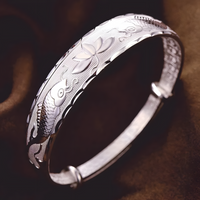 Lotus Fish Pattern Open Bangle Bracelet For Women Adjustable Cuff Wide Text 1771