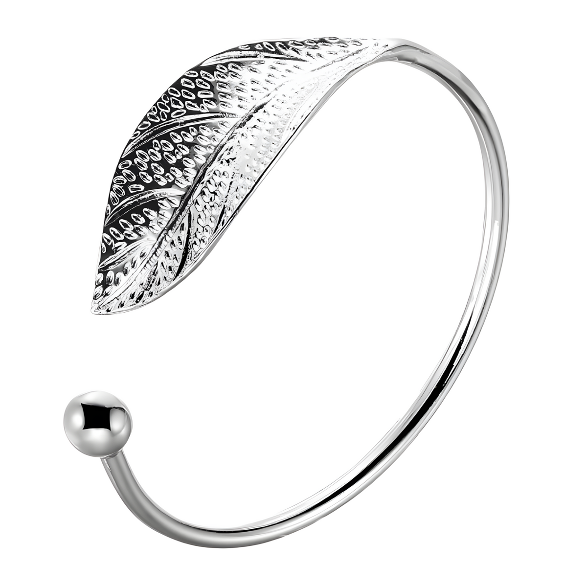 Adjustable Peacock Feather Cuff Bracelet Silver Tone Rhodium-Plated 13g 1842