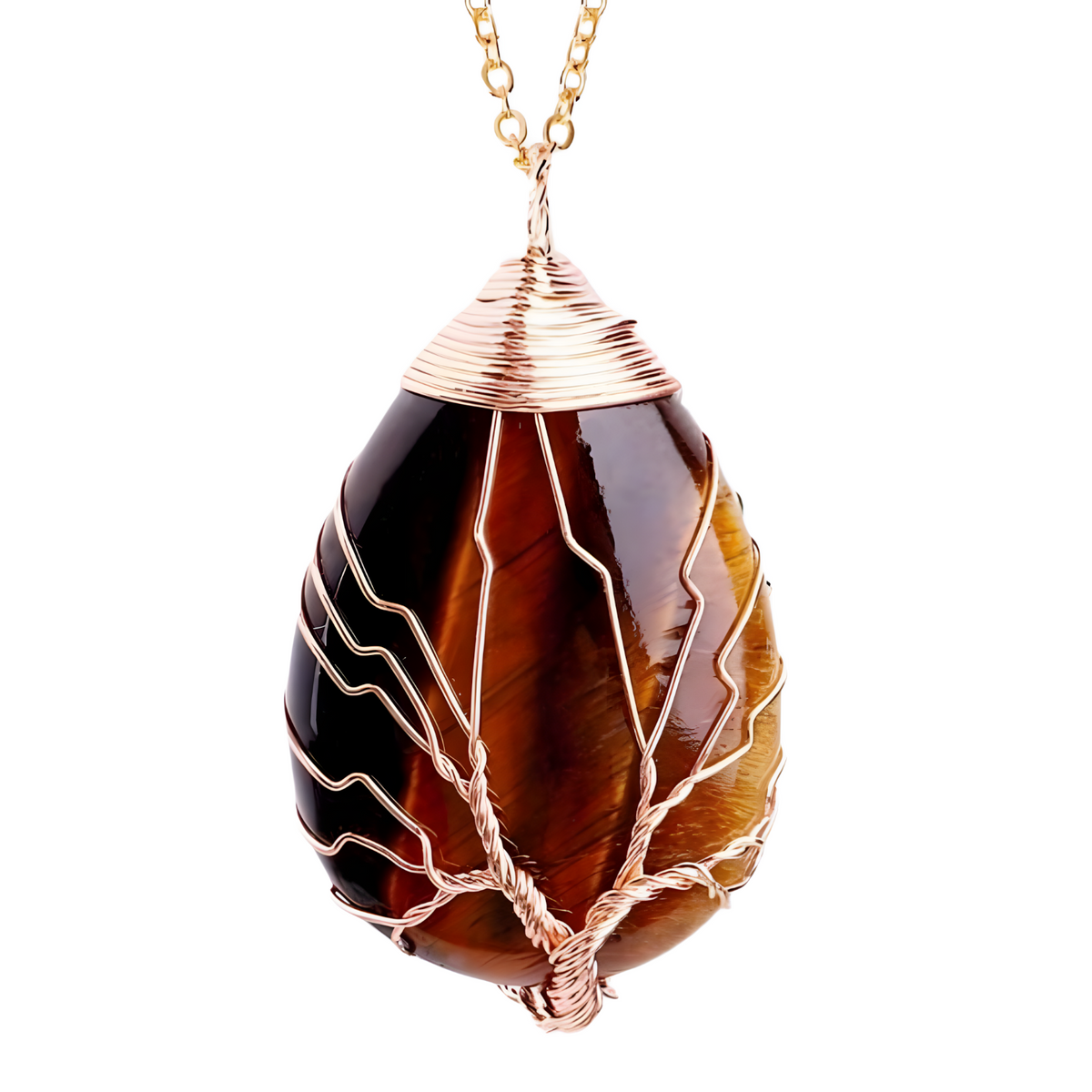 Gold Tiger Eye Tree Of Life Pendant Necklace For Women Oval Gemstone 1341