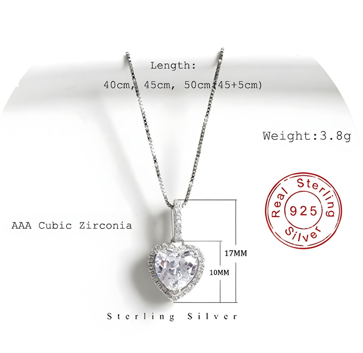 925 Sterling Silver Heart Pendant Necklace AAA Cubic Zirconia Charm Jewelry  275