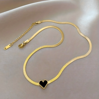 Gold Snake Chain Necklace with Black Heart Pendant – Stainless Steel & Shell 742