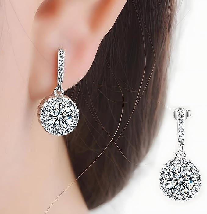 Sterling Silver Cubic Zirconia Halo Drop Earrings - 23mm Dangle Earrings 341
