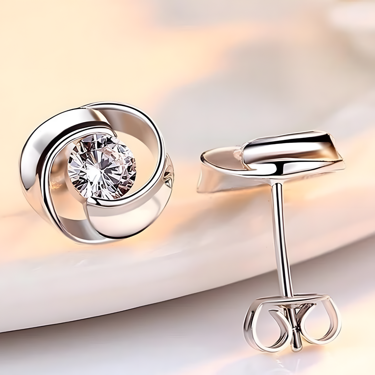 Silver Swirl Stud Earrings Women – Elegant Cubic Zirconia Round Cut Earrings 950