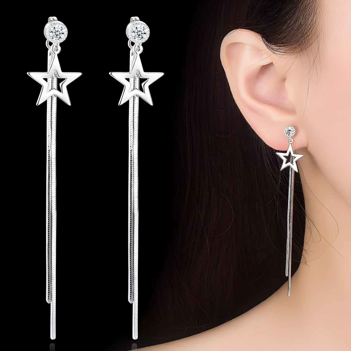925 Silver-Plated Alloy Long Star Dangle Earrings for Women– Classic Zircon 1000