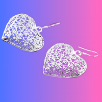 Large Silver Plated Heart Drop Earrings - Cutout Filigree Lace Design Dangle B41