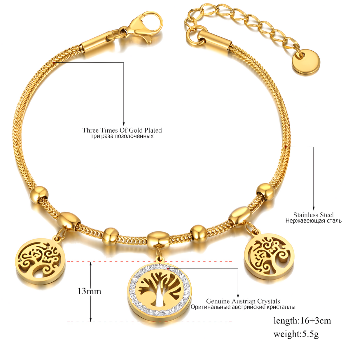 Stainless Steel Gold Plated Tree of Life Charm Bracelet Women-Rhinestone 1136