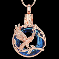 Rose Gold Phoenix Urn Necklace for Ashes Blue Crystal Memorial Pendant B204