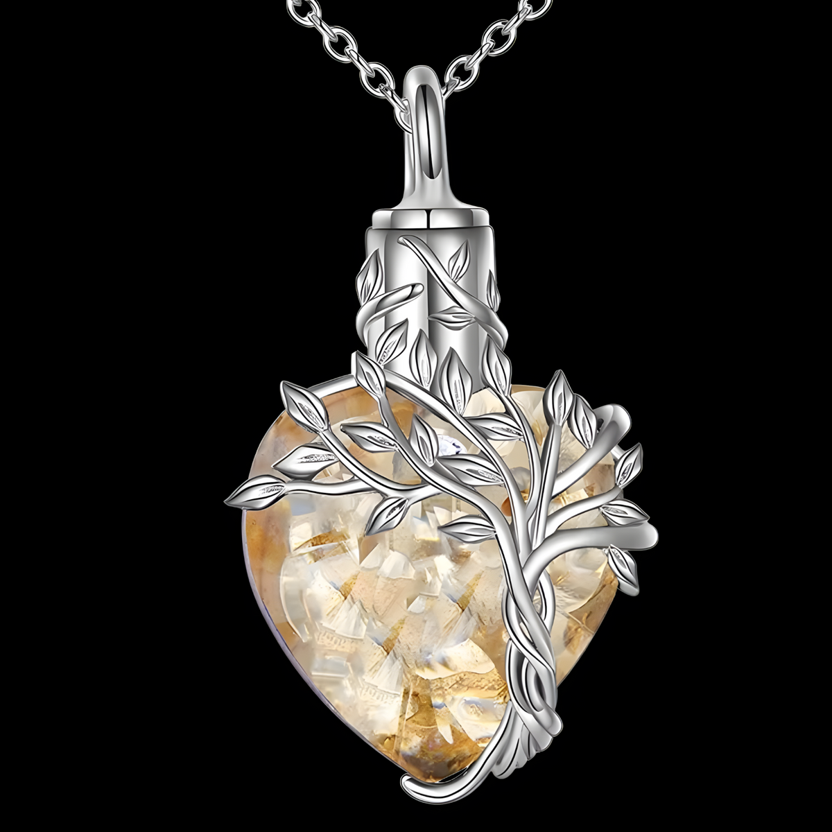 Heart Tree of Life Urn Necklace Crystal Funnel Filler 316L Stainless Steel B209