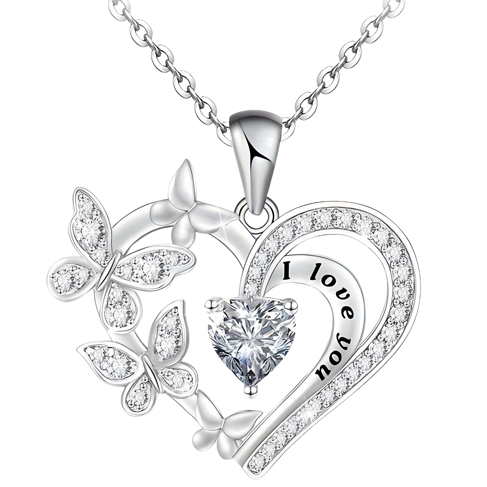 Unified Jewellery "I Love You" Heart Butterfly Crystal Silver Pendant Gift B17
