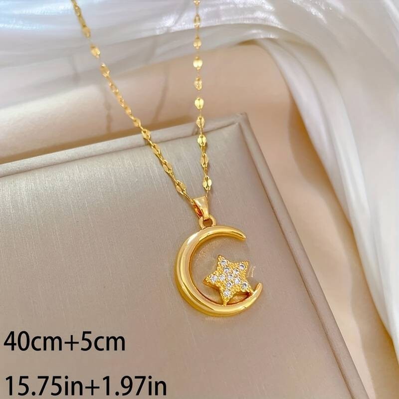 Zircon Moon & Star Pendant Necklace, Delicate Choker, Hypoallergenic 113 UK