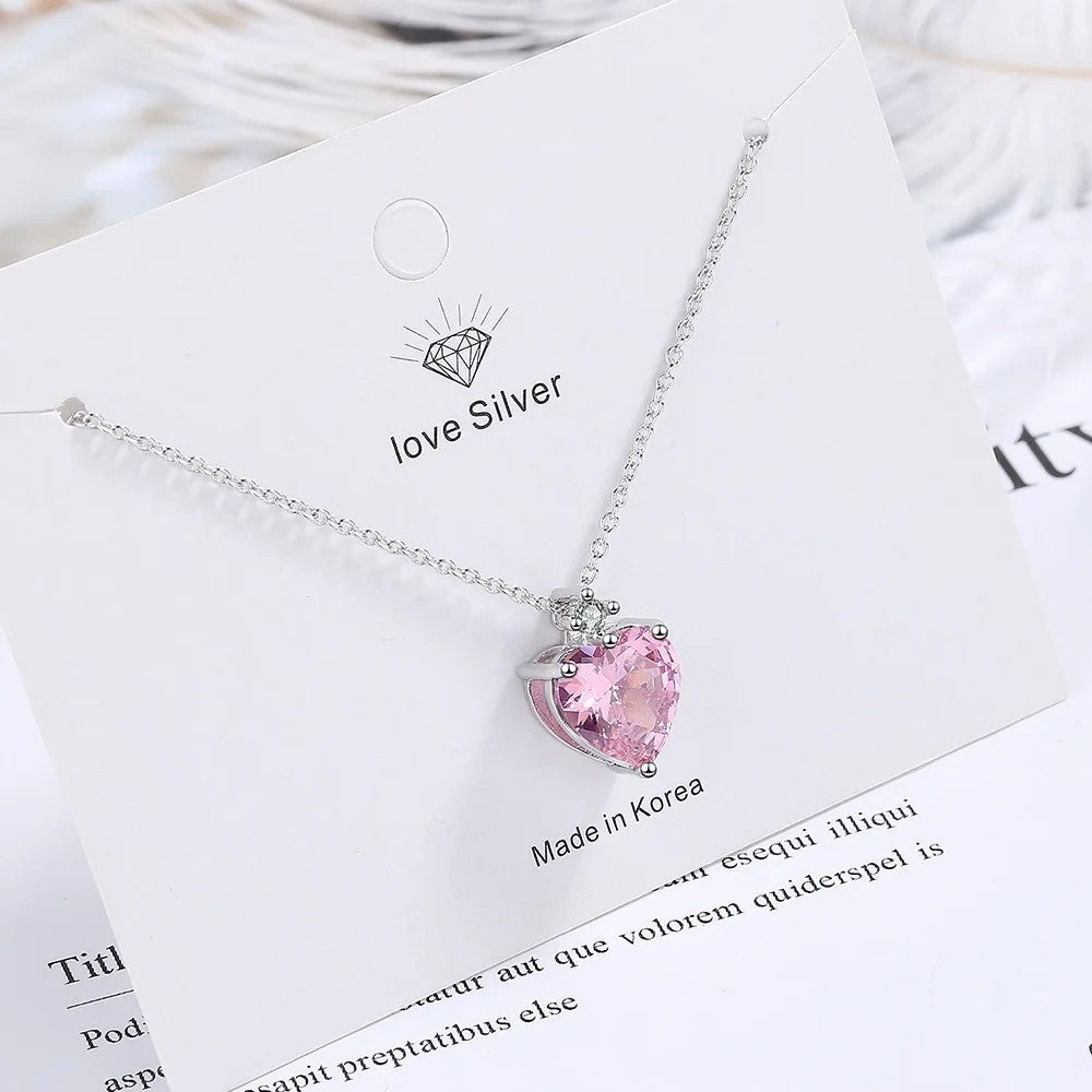 Heart Pendant Necklace For Women Pink Cubic Zirconia Silver Plated 1435