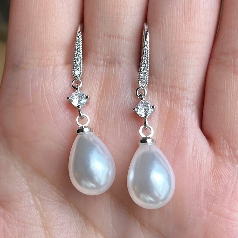 Unified Jewellery® - Women's 925 Silver Plated Faux Pearl & Zircon Dangle 10 UK