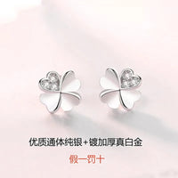 925 Silver-Plated Four Leaf Clover Heart Stud Earrings Women Crystal Accent 1055