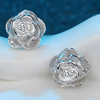 Solid 925 Sterling Silver Flower Stud Earrings for Women, Pretty Rose Floral 470