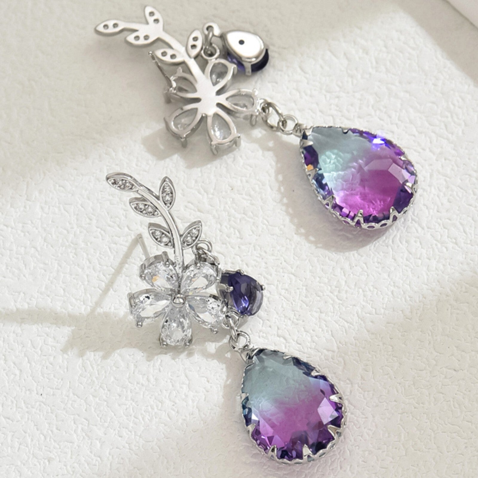 Statement Drop Earrings for Women Silver Plated, Purple & Clear CZ Crystals 294