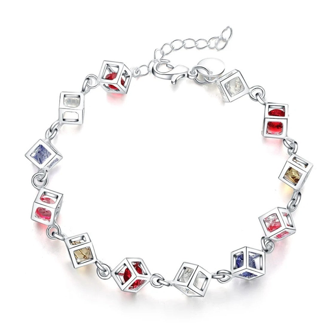 Silver Tone Cube Charm Bracelet with Colourful Rhinestone Crystals 417