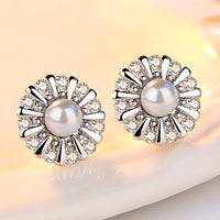 925 Sterling Silver Sunflower Stud Earrings Freshwater Pearl & Cubic Zircon 343