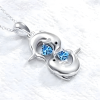 Sterling Silver Plated Double Dolphin Kiss Necklace for Women Romantic Blue B178