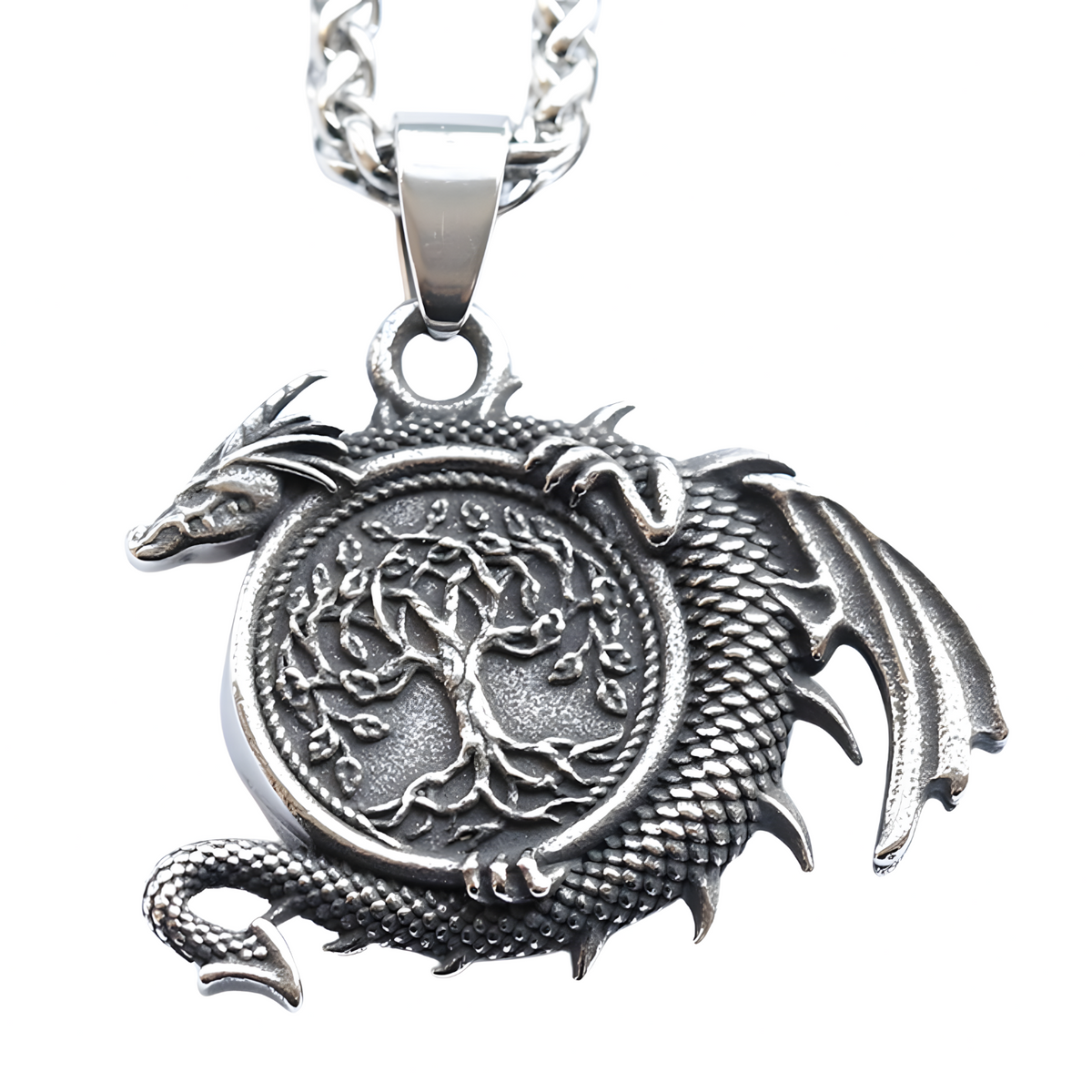 Viking Dragon Tree of Life Pendant Necklace Men– Stainless  Nordic Run 1067