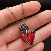 Womens Red Heart Rose Pendant Necklace-Black Rhodium-Plated Alloy, Faceted 1315