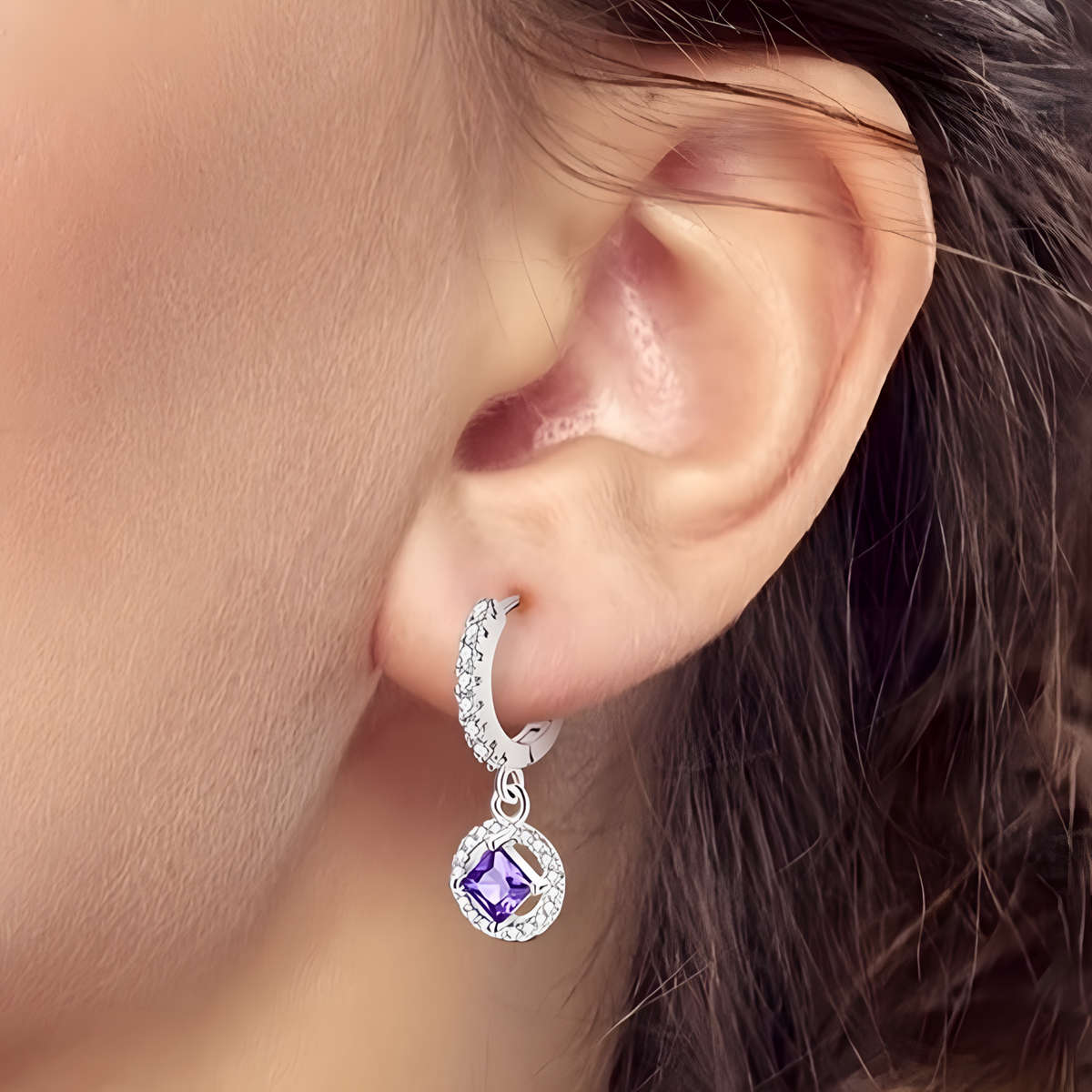 925 Sterling Silver Purple Zircon Drop Earrings Women –Elegant Square Dangle 834