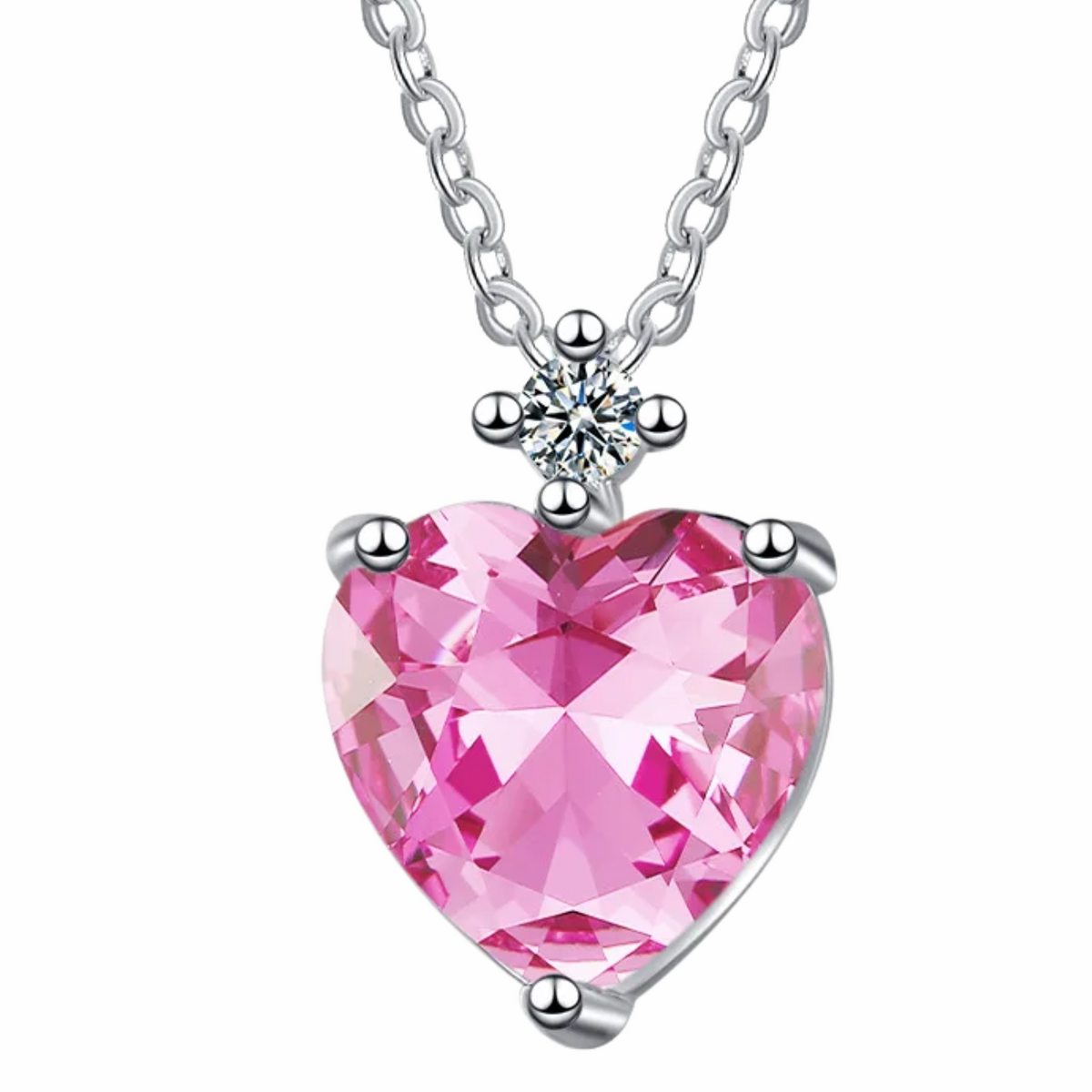 Heart Pendant Necklace For Women Pink Cubic Zirconia Silver Plated 1435