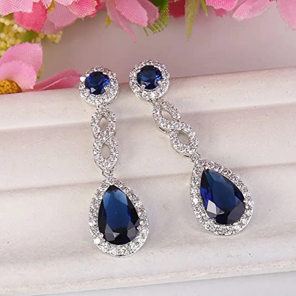Long Hanging Blue Teardrop Drop Earrings For Women - Rhodium-Plated Alloy- 1458