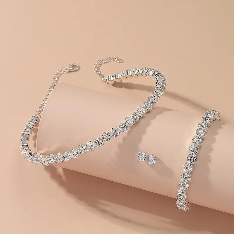 Luxury Glitter Crystal Zircon Necklace & Stud Earrings & Bangle Jewelry 99 UK