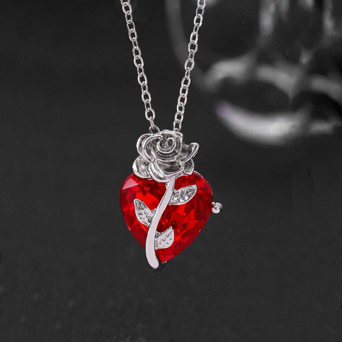Heart-Rose Pendant Necklace - Faceted Heart Crystal Pendant Rose Accent 1317
