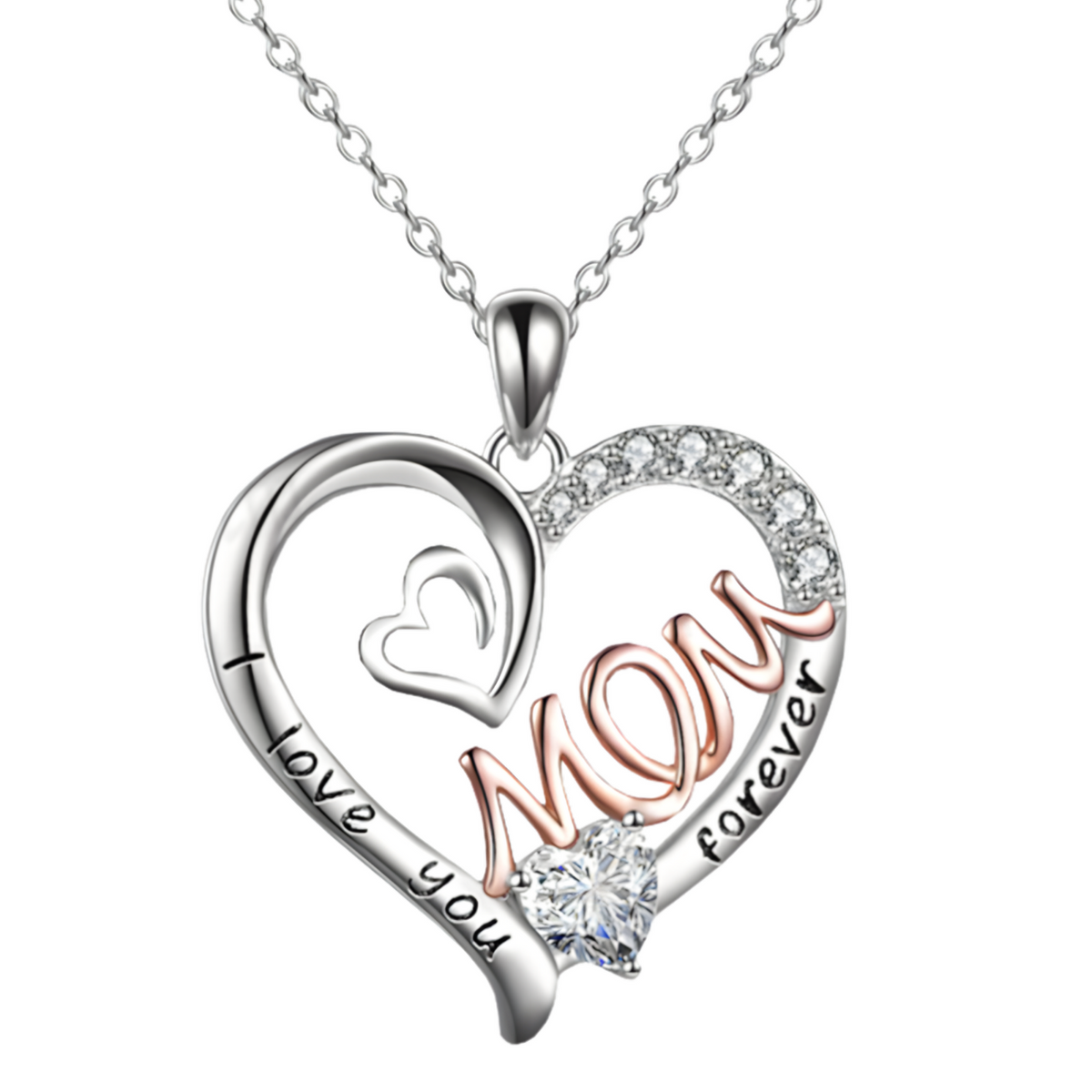 “I Love You Mom Forever” Heart Pendant Necklace – Cubic Zirconia Crystal B86