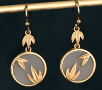 Gold Tone Bamboo Leaf Drop Earrings White Inlay Nature Inspired Dangle 32mm B18