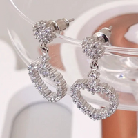 Dazzling Heart Drop Earrings Women Sterling Silver 925, Sparkling CZ Crystal 298