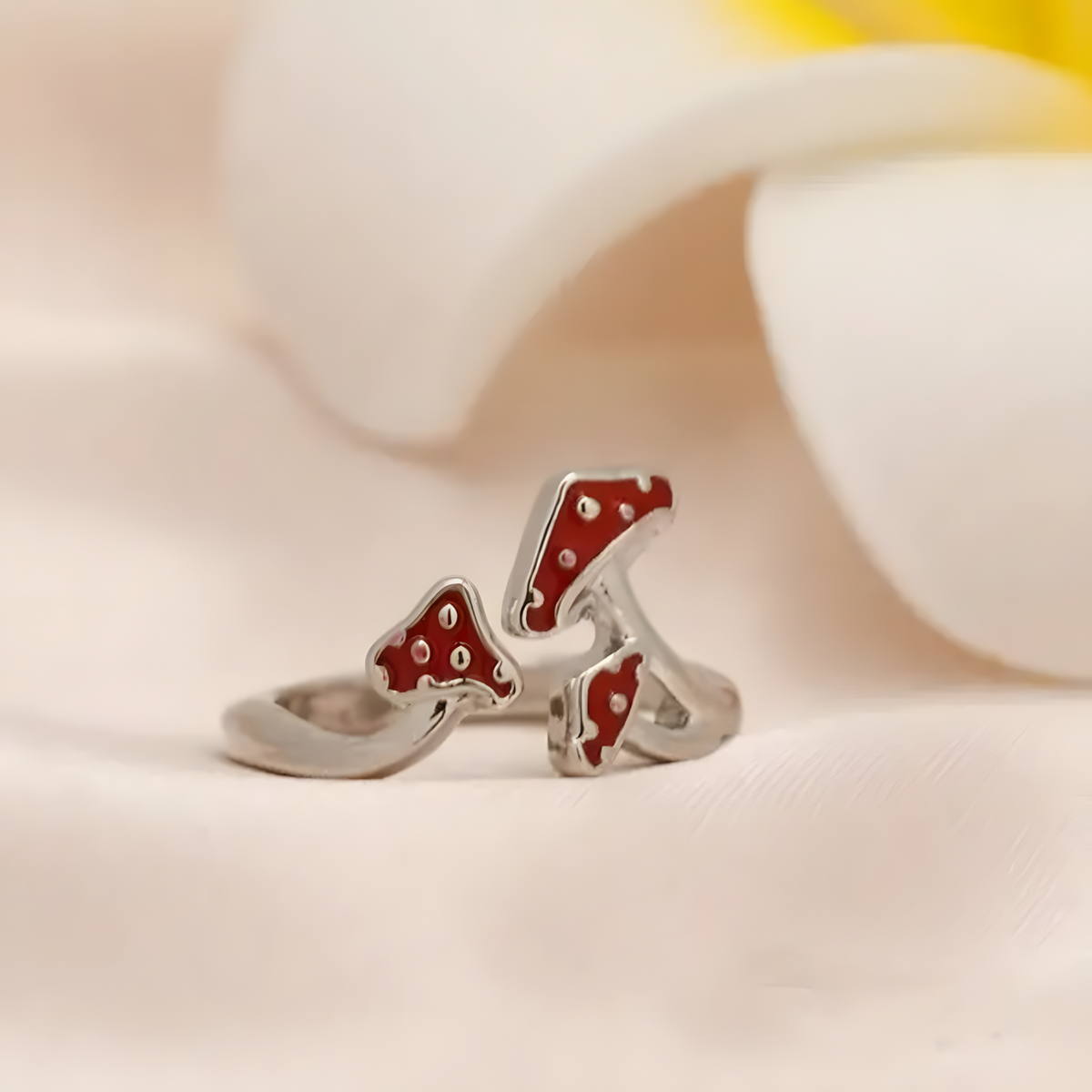 Red Mushroom Ring with Adjustable Opening Neutral Enamel Drip Oil Copper 491