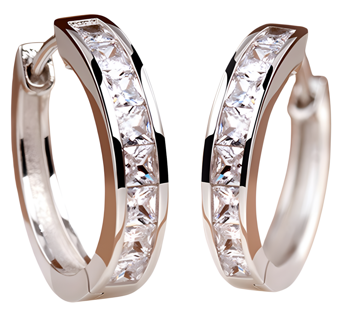Brass & Cubic Zirconia Huggie Hoop Earrings Channel-Set Princess-Cut Stones 857