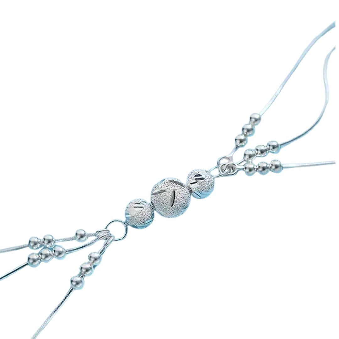 925 Sterling Silver Multi-Strand Snake Chain Bracelet Women Textured Beads 415
