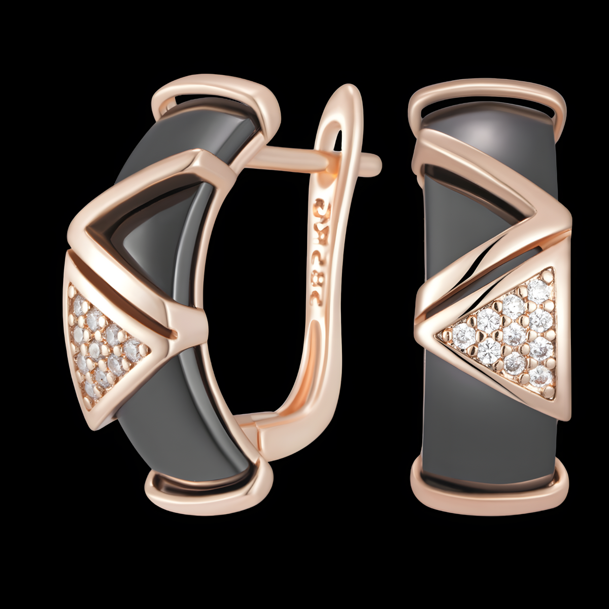 585 Rose Gold Colour Drop Earrings for Women, Copper Metal Black Ceramic 1297