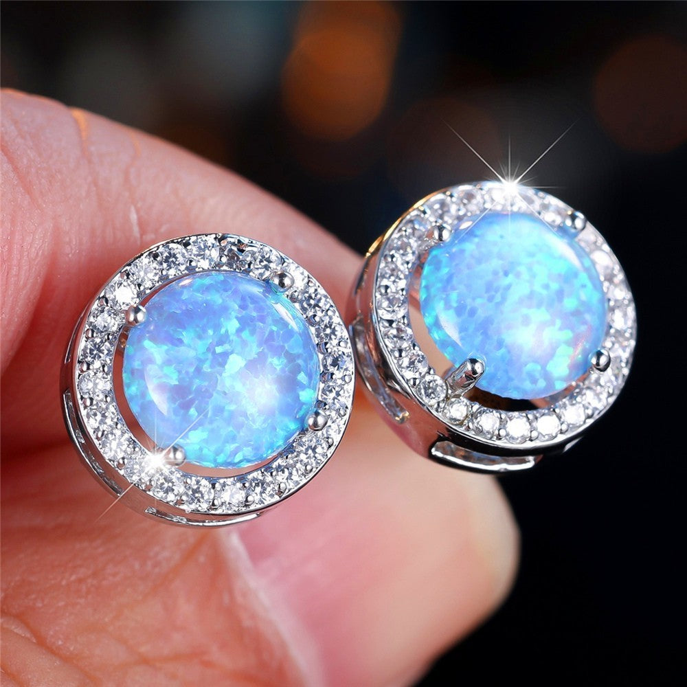 Blue Opal Stud Earrings for Women – Round Halo Cubic Zirconia Design, Copper 999